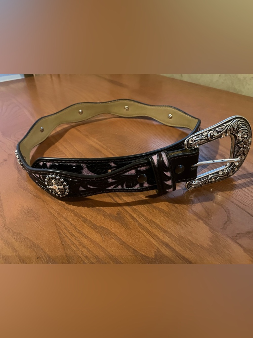 Ariat Girls Black and Purple Leather Belt with Silver Buckle and Rhinestones